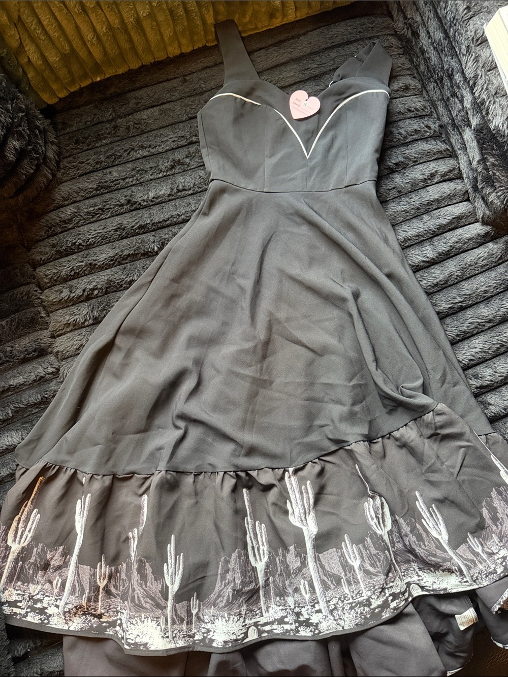 Black Sleeveless Fit & Flare Dress with White Cactus Border